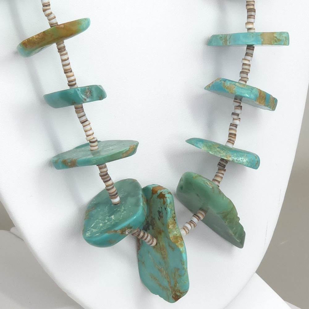 Santo Domingo Heishi Necklace Sterling Graduating Royston Turquoise Nugget 30" - Picture 7 of 16